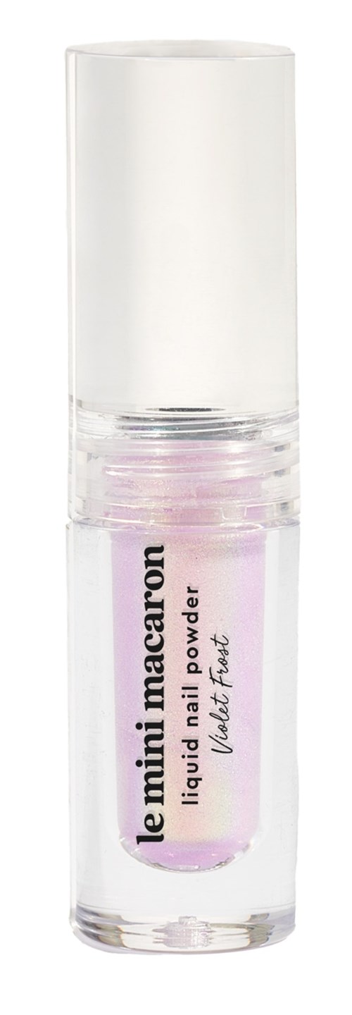A small clear bottle with pink liquid nail polish inside and a white cap. The label reads 'le mini macaron liquid nail powder'.