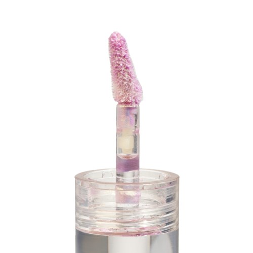 A pink fluffy applicator attached to a clear tube, with a transparent container below, used for beauty or skincare.