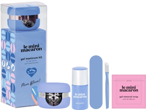 Blue nail care kit with a portable gel polish remover, files, and pink removal wrap in packaging.