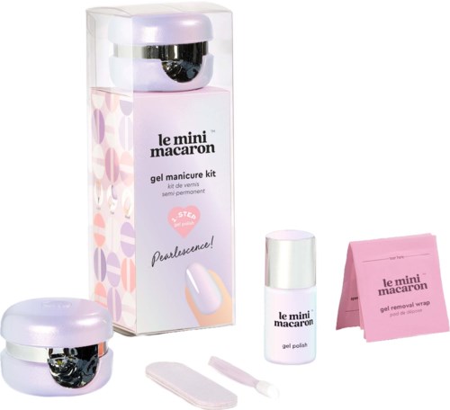 A pink and white manicure kit with gel polish, remover, and tools for nail care.