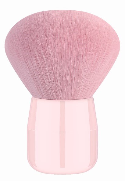 A pink makeup brush with soft, fluffy bristles and a light pink handle.