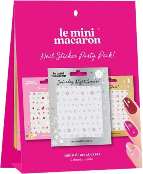 Rosa förpackning med nagelklistermärken och illustrationer av dekorerade naglar, innehåller tre blad med små klistermärken inuti.
