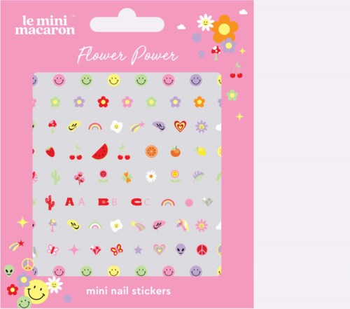 Ett paket med små nagelstickers med färgglada blommor, glada ansikten och lekfulla mönster. Paketet är rosa och glatt.