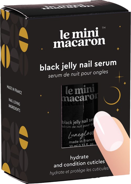 A black box with gold decor, showing a hand pressing through a window on the front. Contains serum for nails.