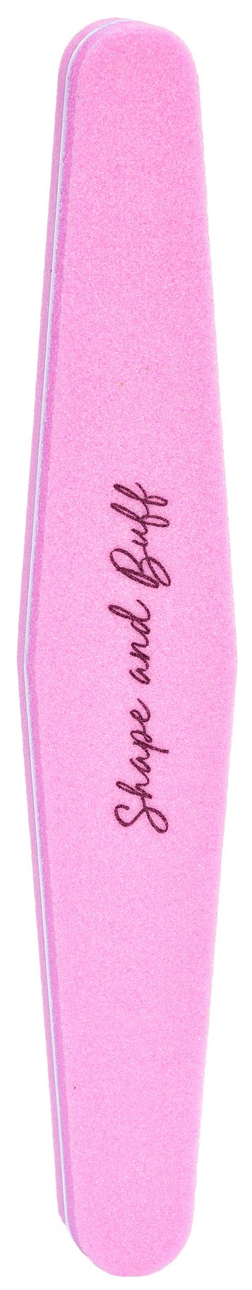 A pink nail file with the words "Shape and Buff" written on it.