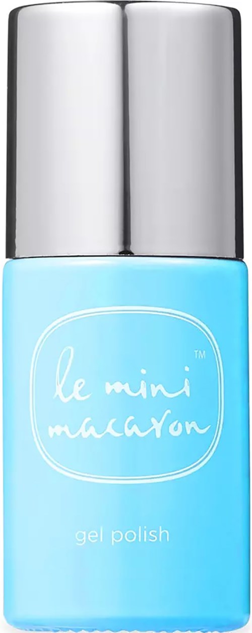 En liten blå flaska med silvrigt lock märkt 'le mini macaron gel polish'.