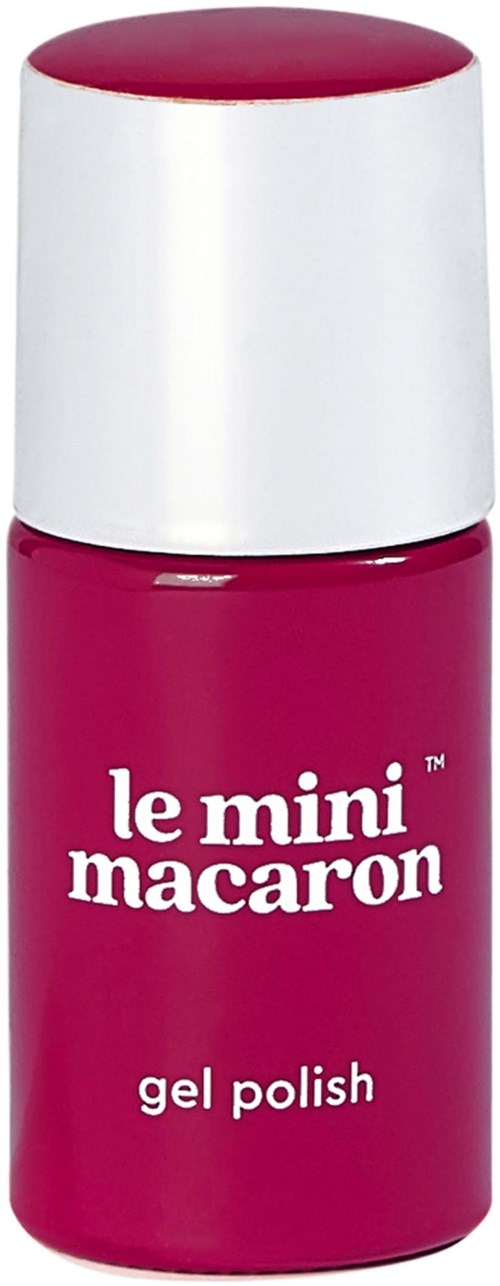 A small bottle of bright pink gel nail polish with a white cap and simple label.