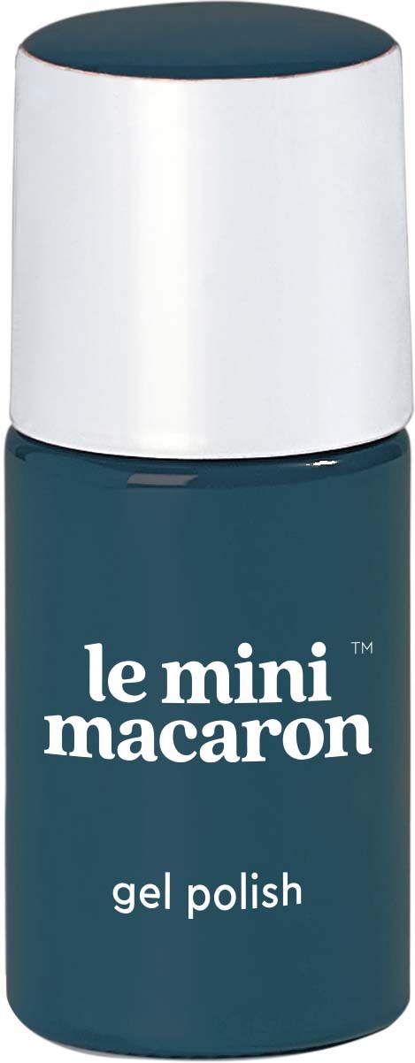 En liten flaska med mörkblå gel-lack med vit kork, märkt 'le mini macaron' och 'gel polish.'