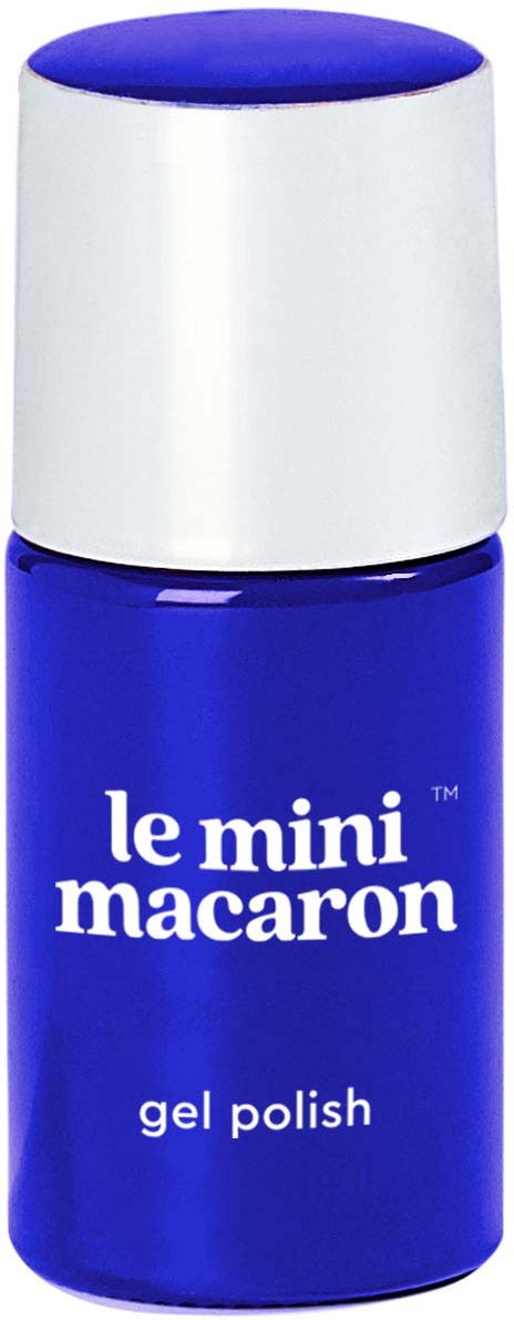 A small blue bottle of gel nail polish with a white cap and white text reading 'le mini macaron' and 'gel polish.'
