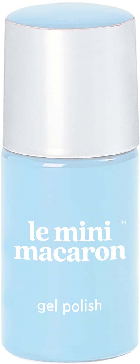A light blue bottle labeled 'le mini macaron gel polish' with a white cap.