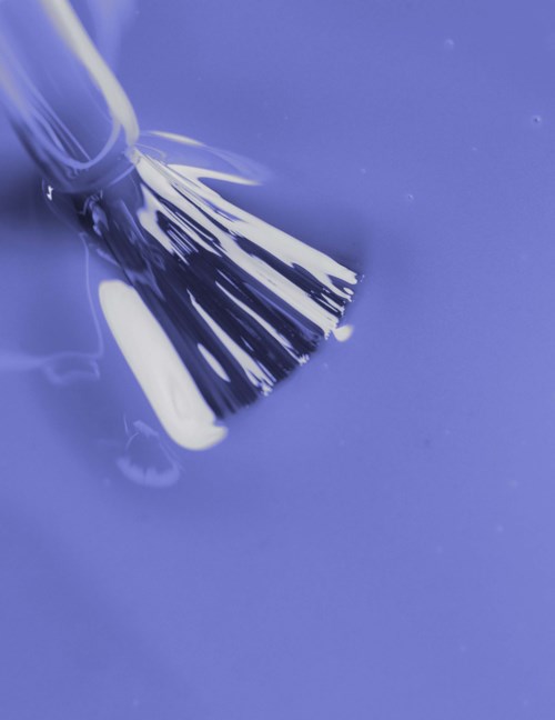 A paintbrush with white paint on it spreads paint on a blue surface.