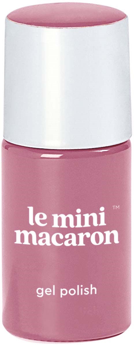 Pink bottle with white cap, labeled 'le mini macaron gel polish.' It is a small nail polish container.