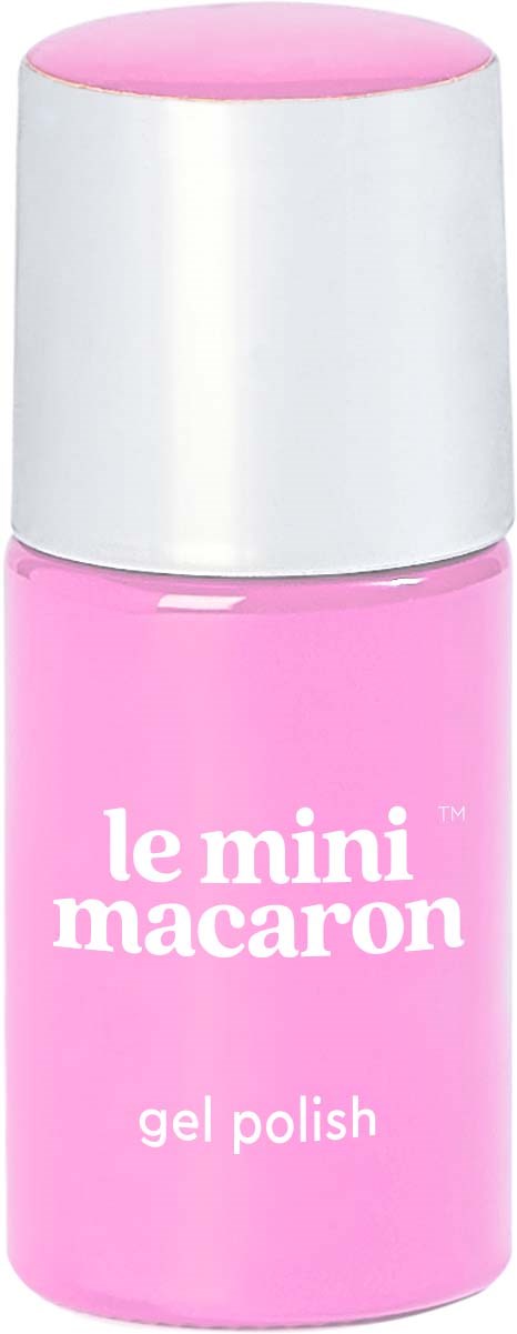Liten rosa flaska med texten 'le mini macaron' gelnagellack. Skruvlocket är vitt med rosa på toppen.