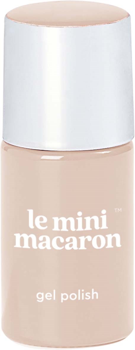 A small bottle of beige gel polish with a white cap and the label 'le mini macaron' on it.