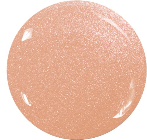 Ett runt föremål i persikofärg med glittrig, glansig yta och glitter. Ser slät och blank ut.