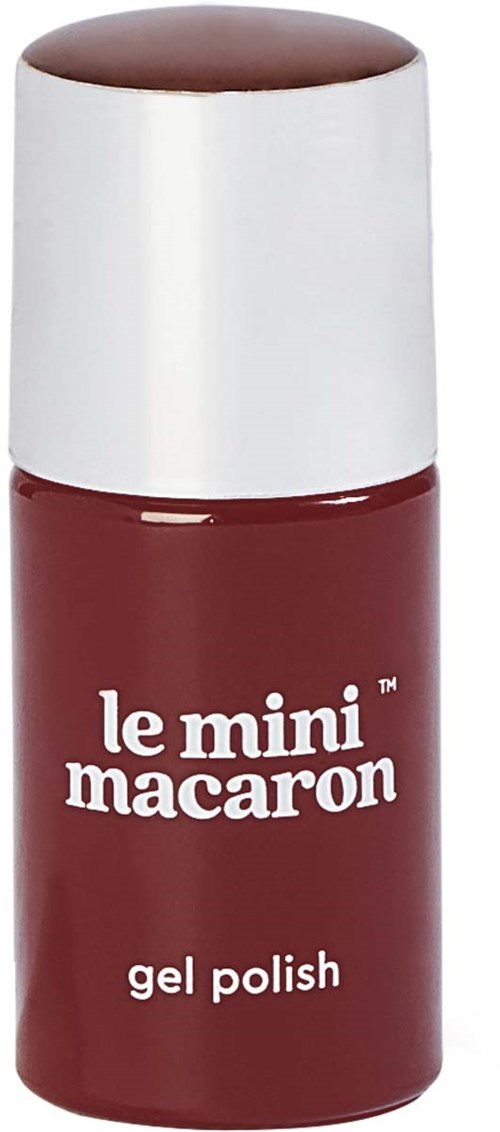 Small bottle of red gel nail polish labeled 'le mini macaron' with a white cap.