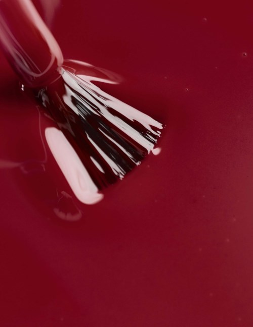 A brush is touching a glossy red surface, possibly paint or liquid. The background is red.