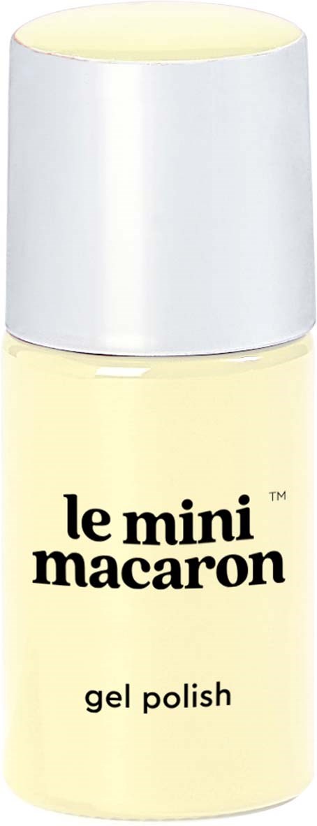A small bottle of gel nail polish labeled 'le mini macaron', with a silver cap.