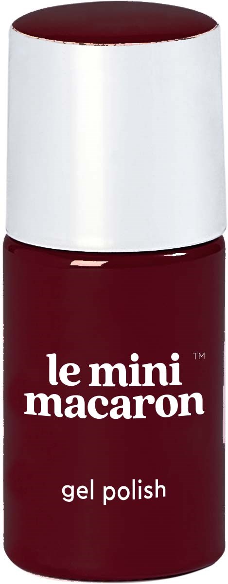 Small bottle of maroon gel nail polish with a white cap, labeled 'le mini macaron gel polish.'