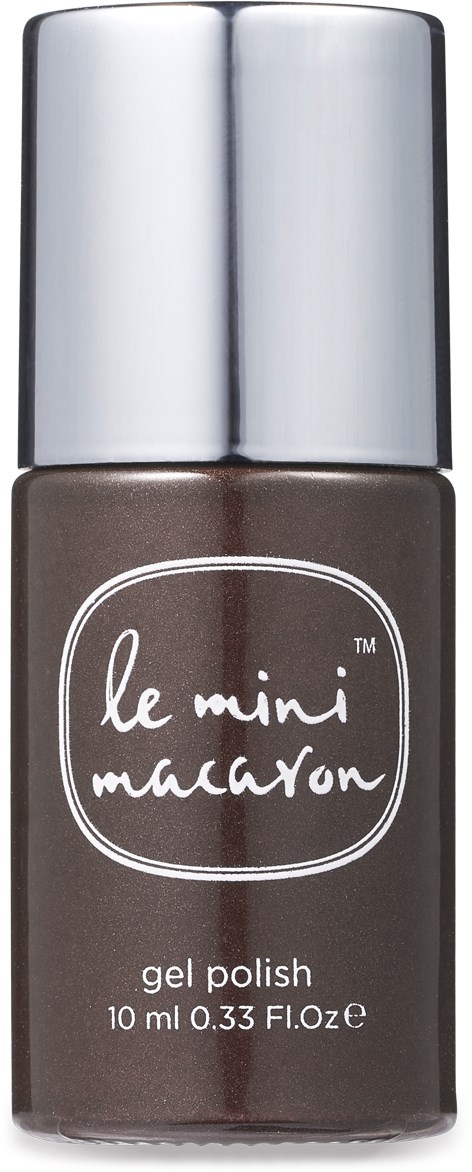 En flaska mörkbrunt gelnagellack med en silverkapsel och vit text som säger 'le mini macaron' och 'gel polish.'