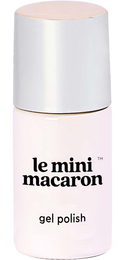 A small bottle of pink gel nail polish with a white cap and black text.
