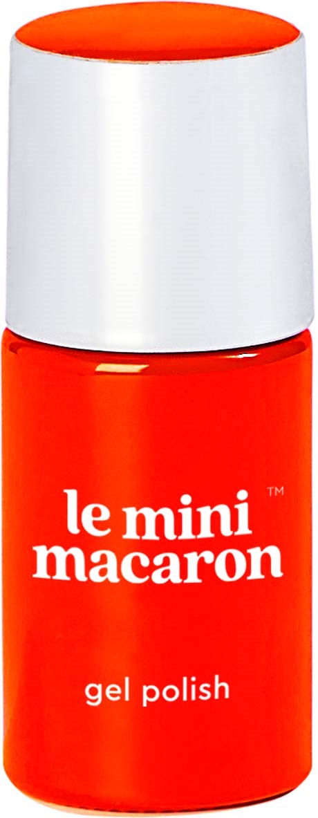 A small bottle of bright red gel polish with a white cap and white text on the front.