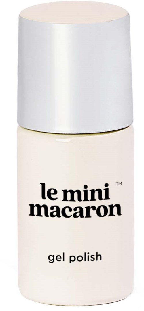 Small white bottle with black text, labeled 'le mini macaron gel polish' for nails.
