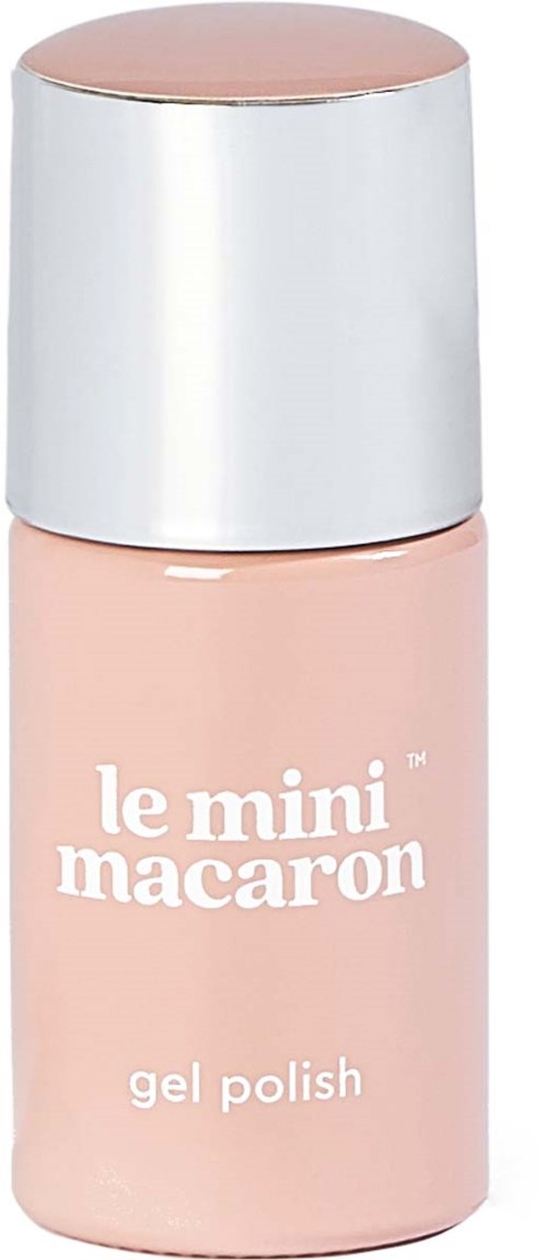 A small bottle of pink gel nail polish with a silver cap and white text reading "le mini macaron."