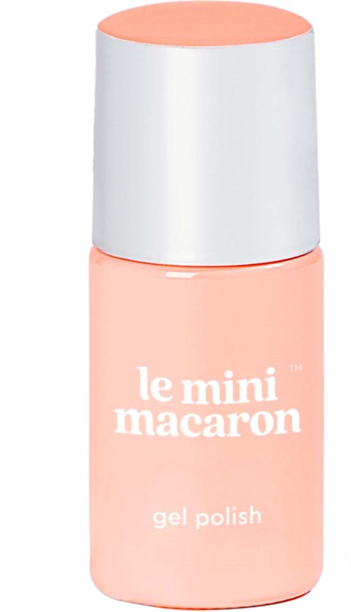 A small bottle of pink gel nail polish with a white cap labeled "le mini macaron."