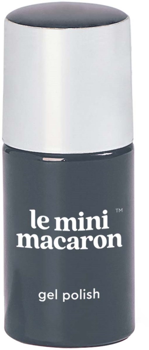 A small black bottle of gel polish labeled 'le mini macaron' with a white cap.