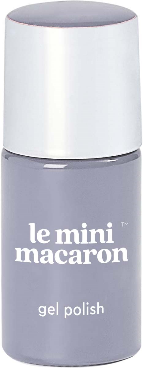 Liten grå flaska med gelnagellack med vit lock, märkt "le mini macaroon gel polish."