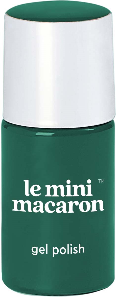 A small green bottle of gel polish labeled 'le mini macaron' with a white cap.