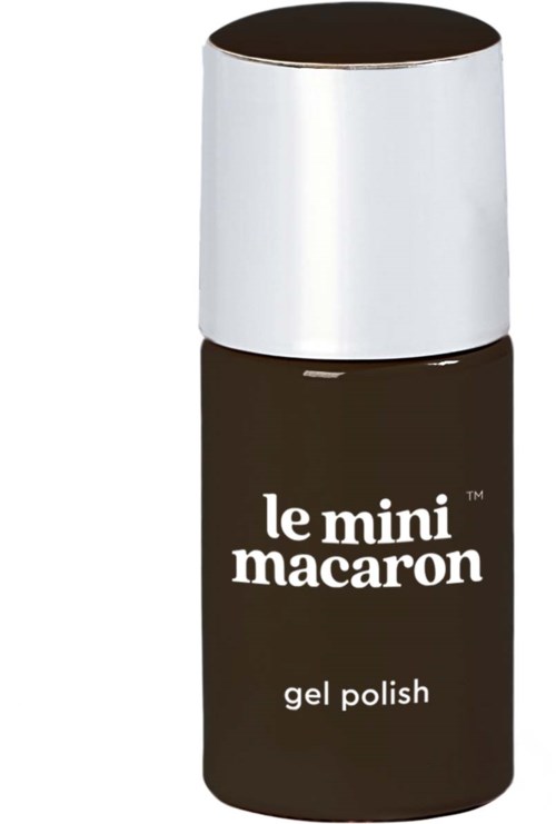 A small dark brown bottle with a white cap, labeled 'le mini macaron gel polish.'
