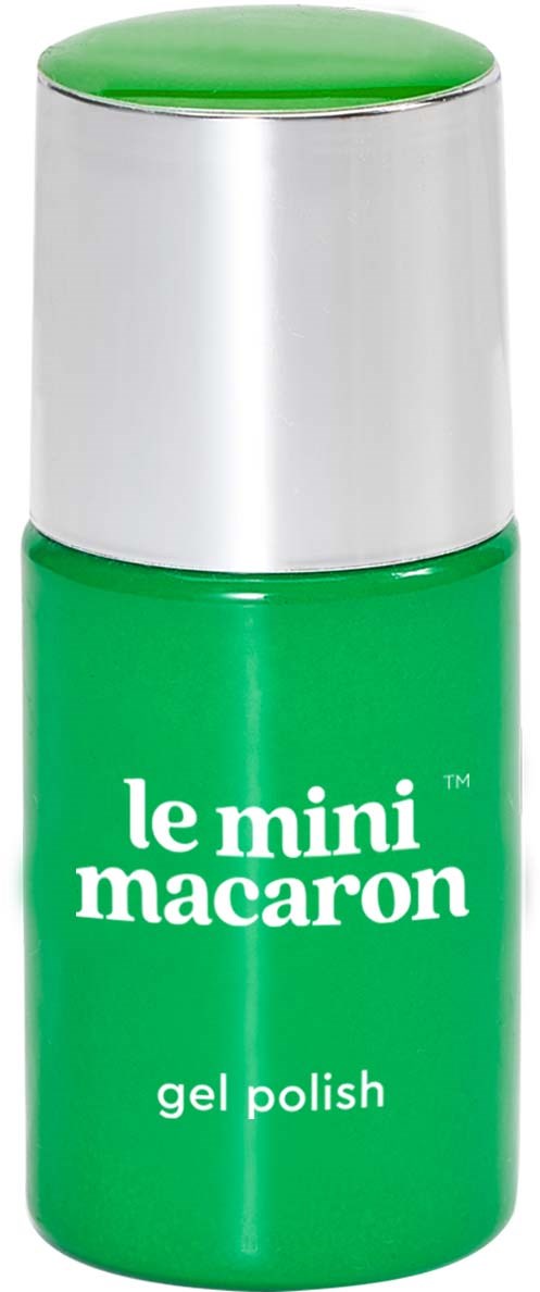 Small green bottle labeled "le mini macaron gel polish" with a silver cap.