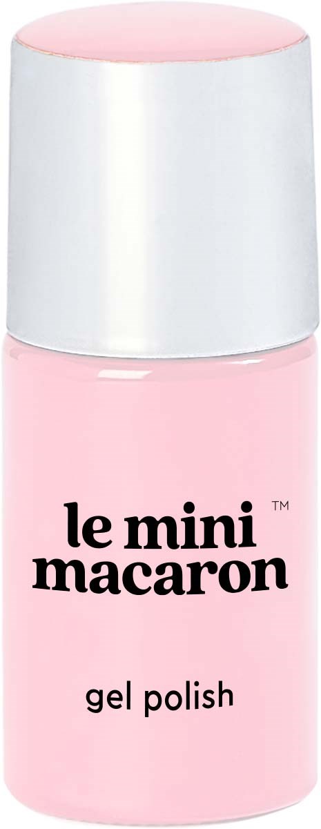 A small pink bottle of gel polish with a white cap, labeled 'le mini macaron' and 'gel polish.'