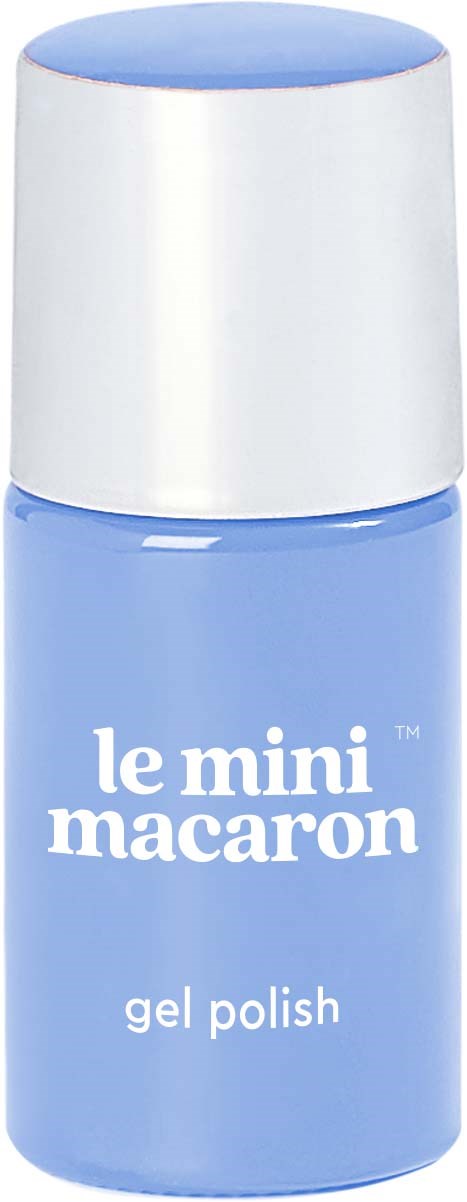 A small, light blue bottle of gel nail polish with a white cap and white text.