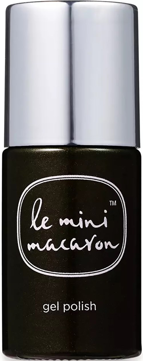 Svart nagellackflaska med silverlock, märkt 'le mini macaron gel polish.'