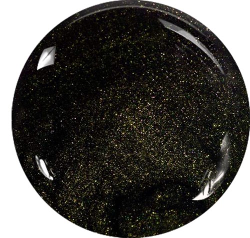 En blank svart sfär med små guldglitter, liknande en glittrig boll eller kosmiskt föremål.