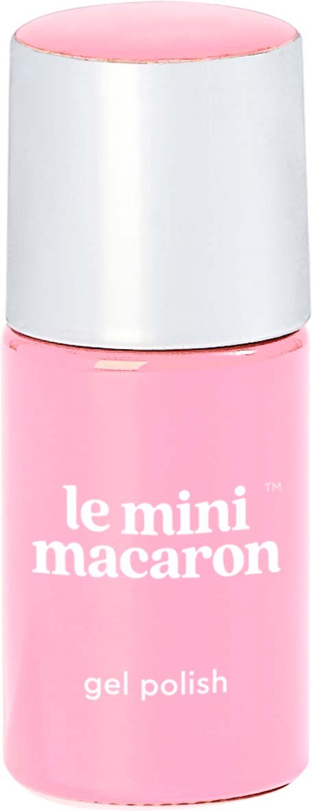 Pink bottle of Le Mini Macaron gel nail polish with silver cap.