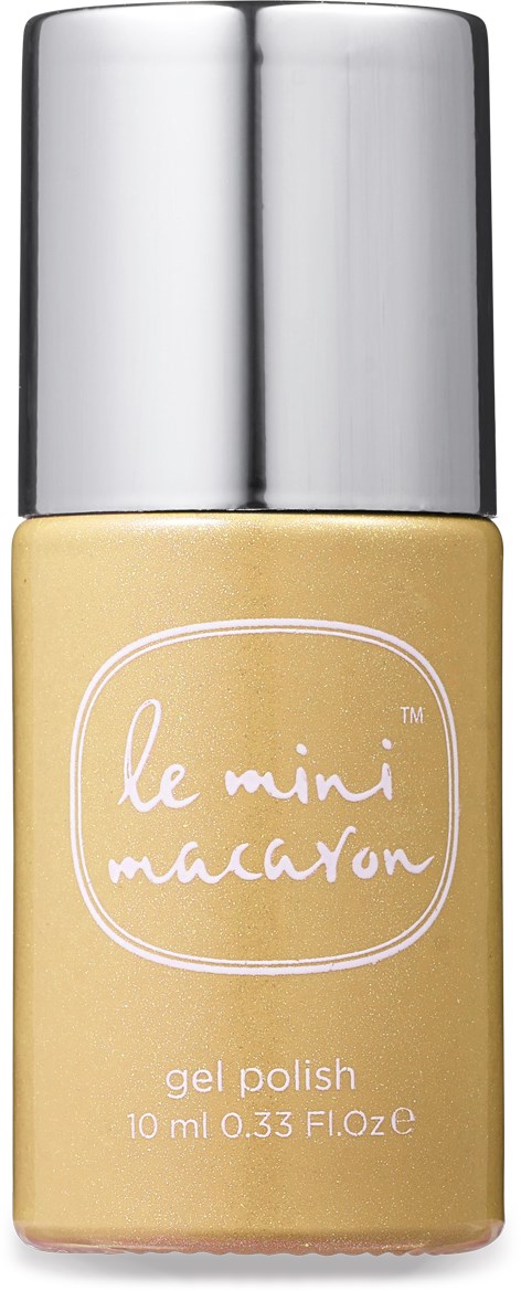 En liten flaska med beige gelnagellack och ett silverlock. Etiketten säger "le mini macaron" och "gel polish."