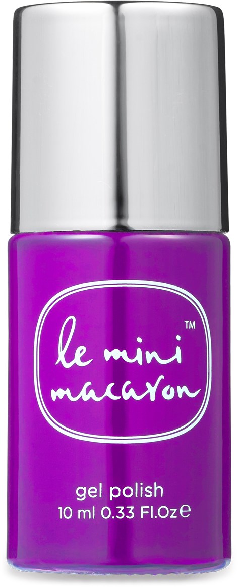 Lila nagellacksflaska med silvrigt lock, märkt 'le mini macaron' och 'gel polish', 10 ml.