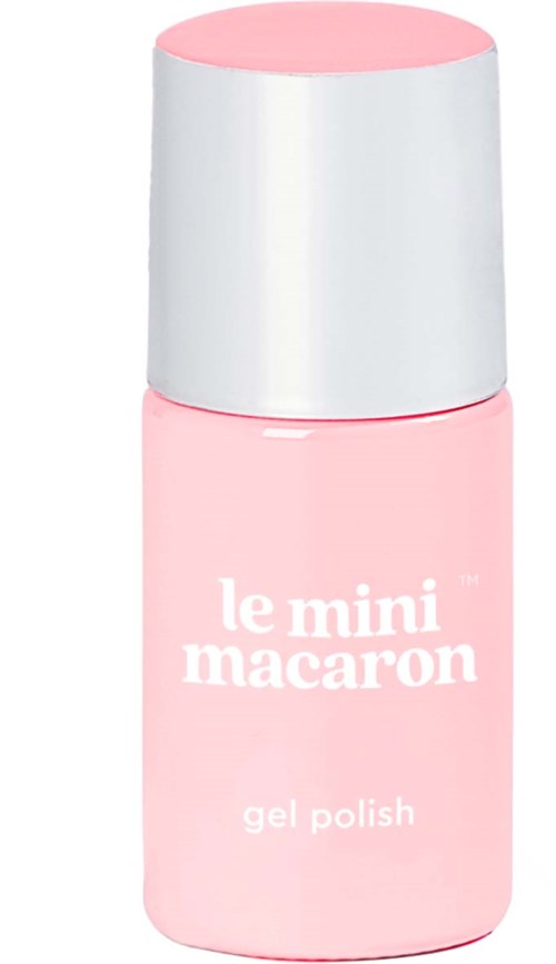 A small pink bottle of gel nail polish with a silver cap and white text.