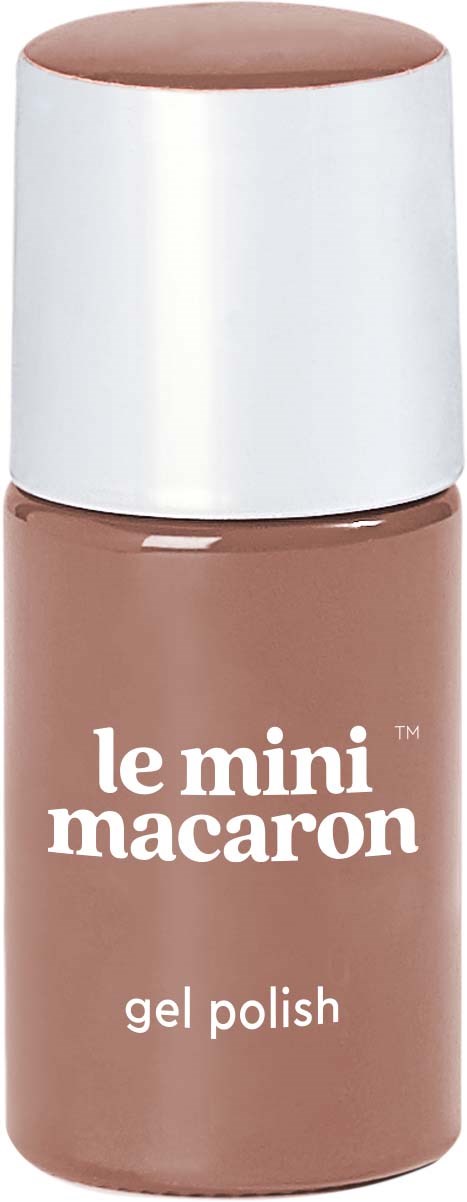 Small bottle of beige gel nail polish with white cap, labeled 'le mini macaron.'