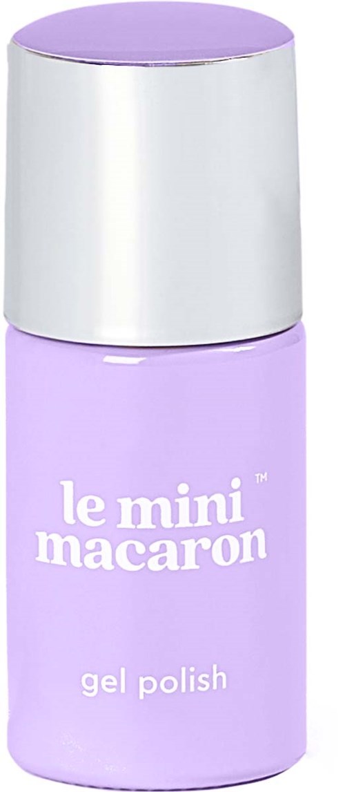 A small purple bottle with a silver cap labeled 'le mini macaron gel polish'.