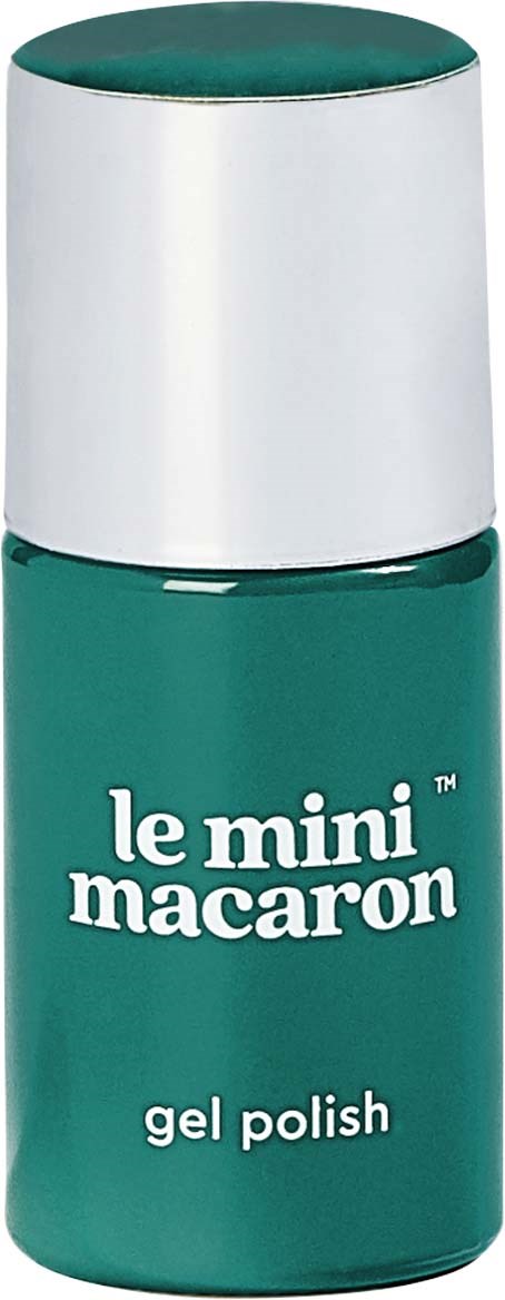 A small bottle of green gel nail polish with white cap, labeled 'le mini macaron gel polish'.