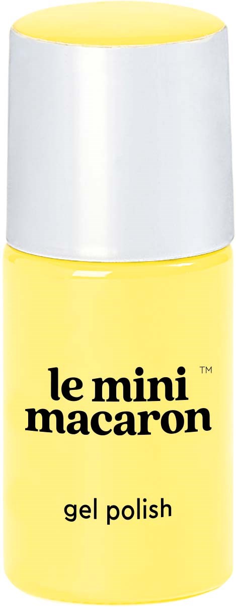 A small yellow bottle of gel nail polish labeled 'le mini macaron' with a white cap.