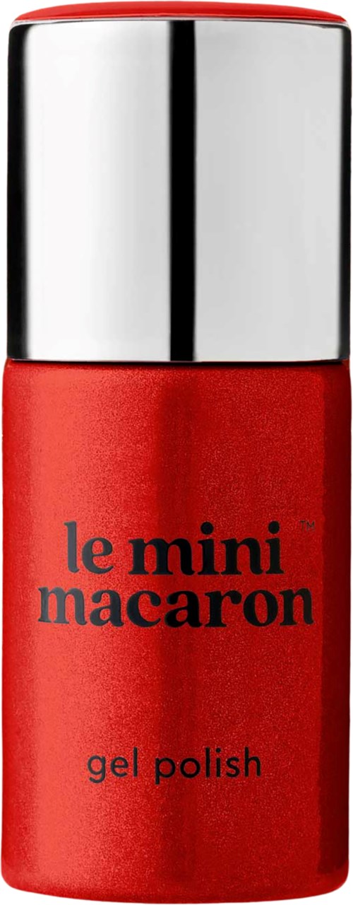 A small red bottle with a shiny silver cap, labeled 'le mini macaron gel polish'.