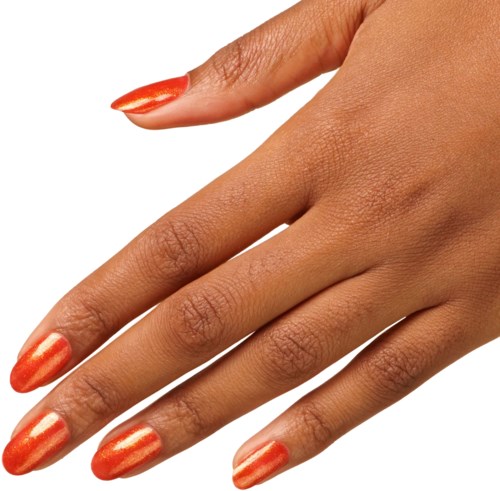 A hand with shiny orange and gold painted nails against a white background.