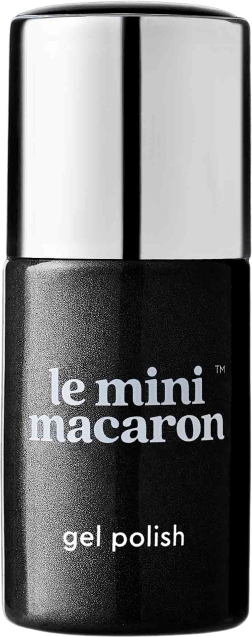 Black bottle with silver top, labeled "le mini macaron gel polish."
