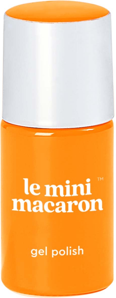 Small orange bottle with white cap, labeled 'le mini macaron gel polish' in white text.